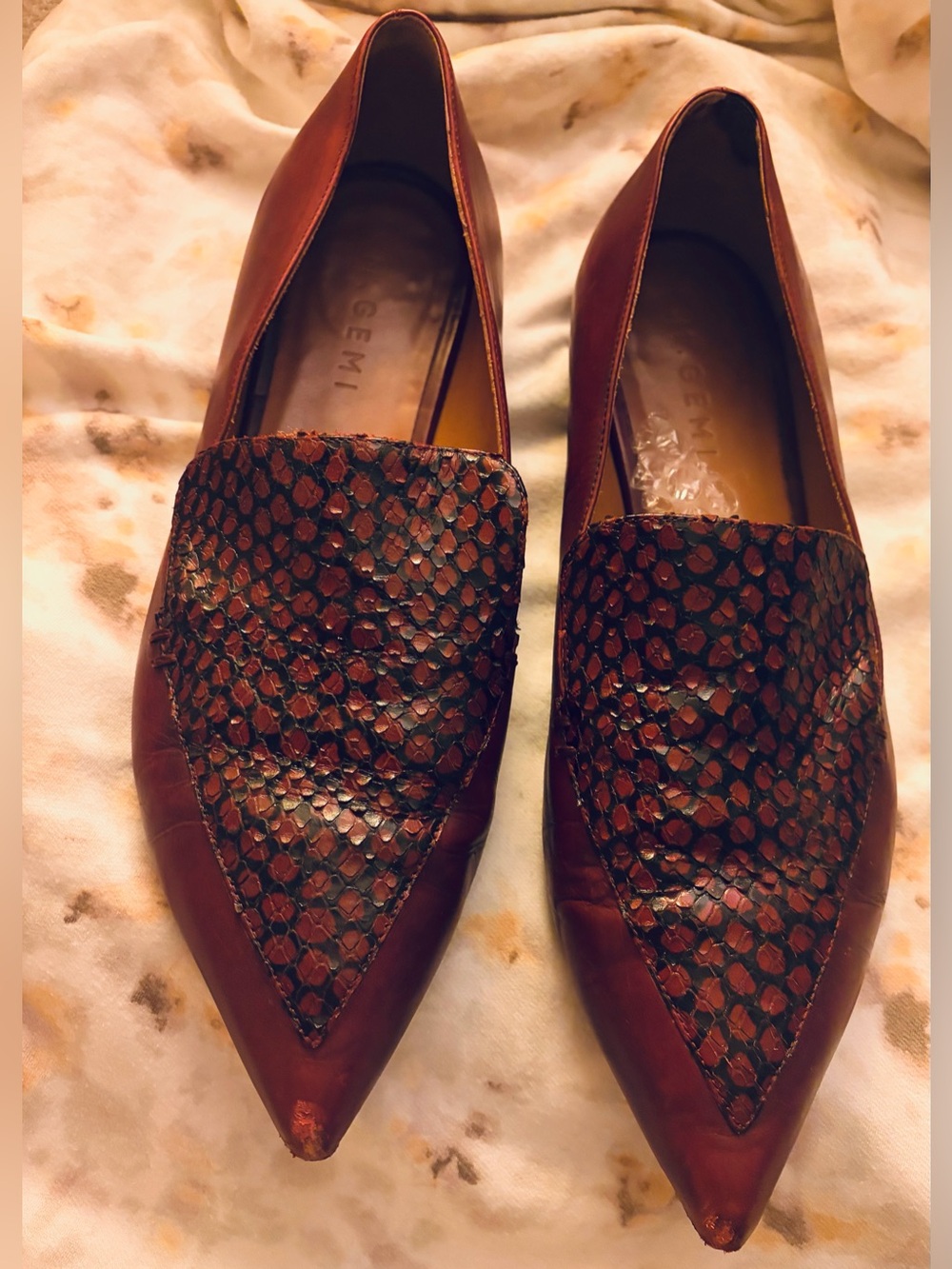 * M. Gemi Pointed Toe Reptile Embossed Brown Leather Flats SZ 40.5 = 9.5 *